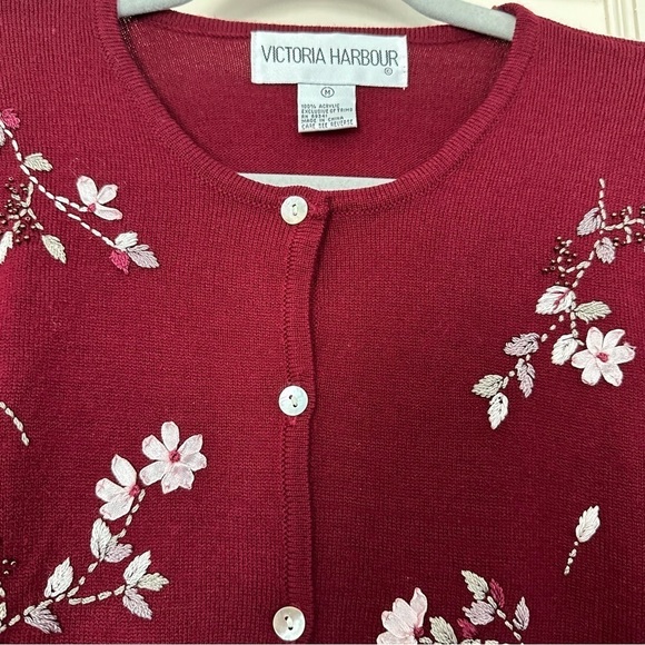 Victoria Harbour Vtg Cardigan Burgundy Beaded Cottagecore Granny Embroidery Sz M - Picture 6 of 12